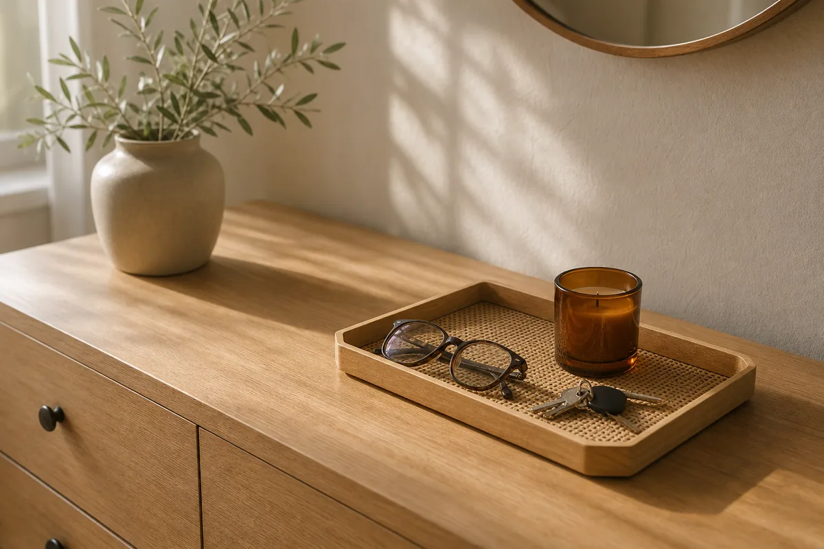 A bare pale-wood dresser top with a single shallow rattan tray corralling a daily handful of reading glasses and an amber glass candle, a small vase beside it and the rest of the surface left clear