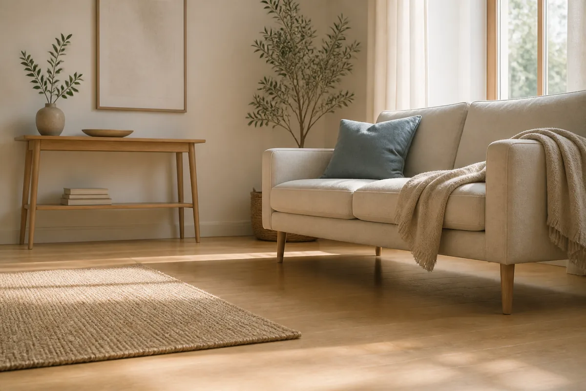 A small minimalist living room shot low to show pale wood floor visible beneath a sofa and console that both stand on slim tapered legs, with one dusty-blue cushion