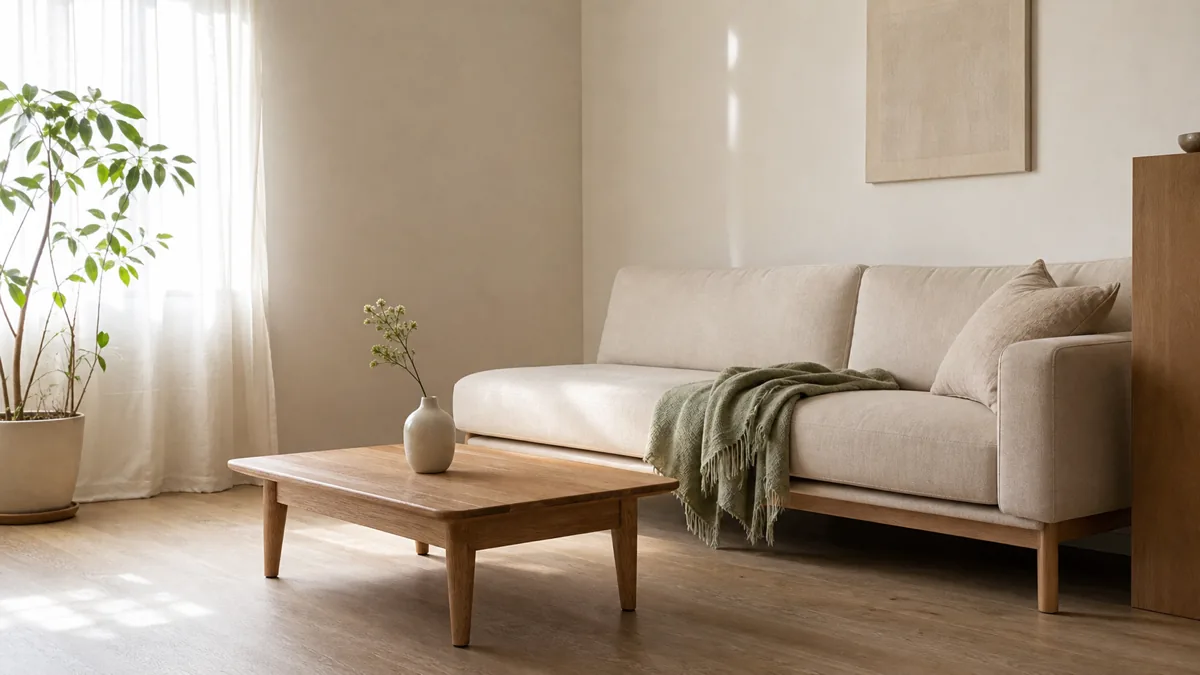 A calm minimalist small living room in soft daylight: a low plain sofa raised on slim wood legs with a linen throw and one sage cushion, a light-oak table holding a single vase, mostly bare surfaces and open floor