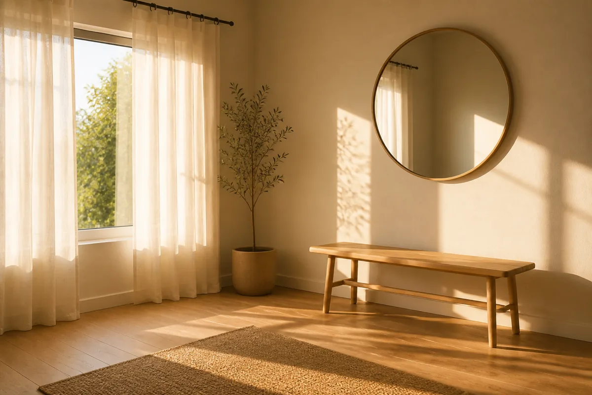 A small room where warm golden daylight pours through sheer white curtains and a round mirror bounces it deeper in, with minimal furniture and a clear windowsill