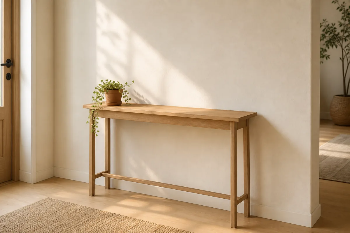 A slim light-wood console against a warm-white wall holding only one small terracotta plant pot, with a wide stretch of deliberately empty surface and bare wall around it