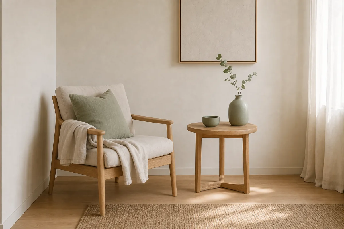 A small living-room corner in one restrained palette of warm white, natural wood, and a single sage-green accent repeated across a cushion, a ceramic, and a stem