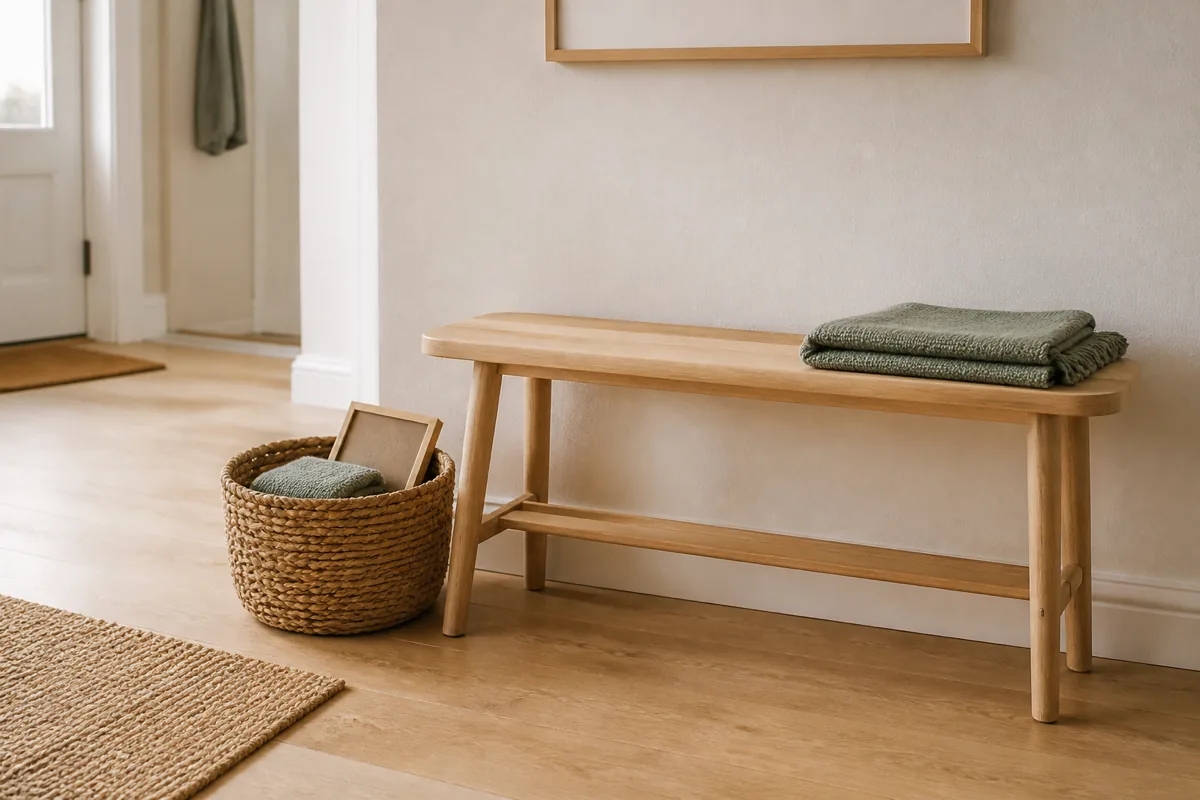 A nearly bare pale-wood entry bench with one folded sage throw, and beside it a small open woven basket holding one or two outgoing items waiting to be donated