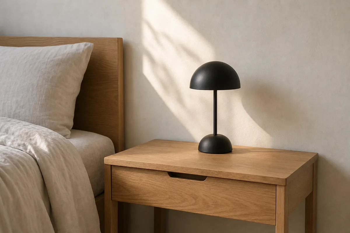 A cleared pale-wood nightstand holding a single small matte-black lamp and nothing else, beside a calm white linen-dressed bed