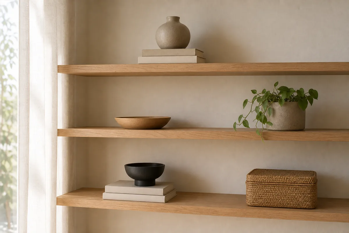 Open light-wood wall shelves styled sparsely with a flat stack of plain books under a ceramic, one sculptural object, and a plant, and clear empty gaps between each grouping