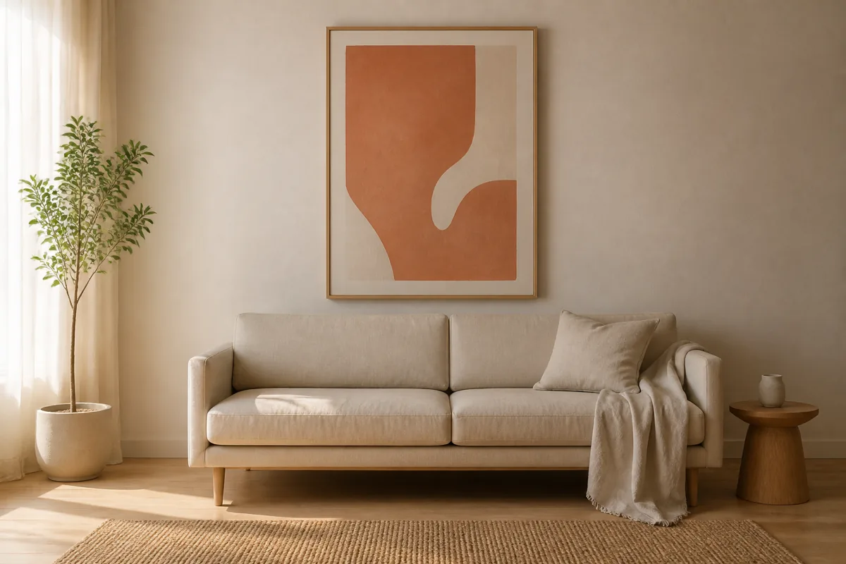 A small minimalist living room with one large abstract terracotta-and-cream art print as the single hero on a bare white wall, surrounded by quiet plain furniture