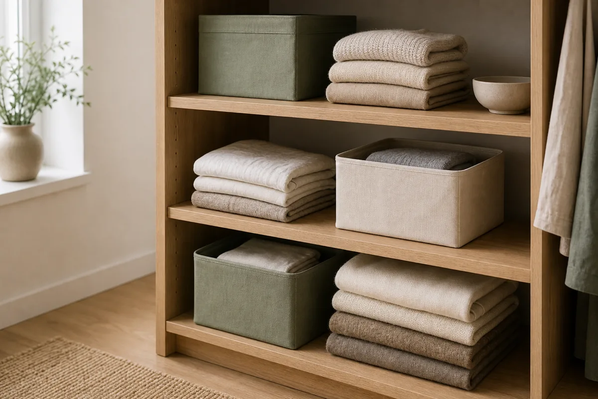 A small open closet of pale-wood shelves holding neatly folded neutral textiles and a few sage and cream fabric bins that fit with a little empty room to spare on every shelf