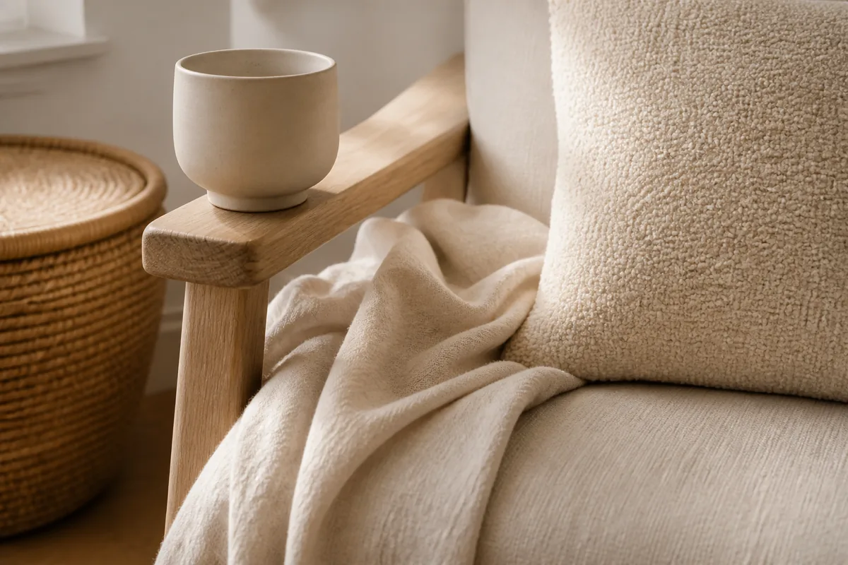 A tight close-up layering neutral textures in a small living room: a linen throw, an oatmeal boucle cushion, raw light wood, and a matte cream ceramic, with no bold pattern