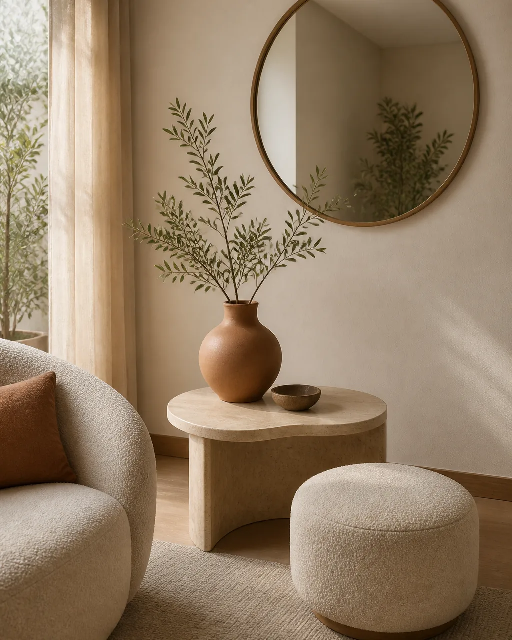 A modern living room corner softened with sculptural curved shapes, a round wall mirror, an arched-edge side table, and a rounded ottoman echoing each other in organic gradual curves, the soft geometry warming the clean modern lines without any scalloped frills