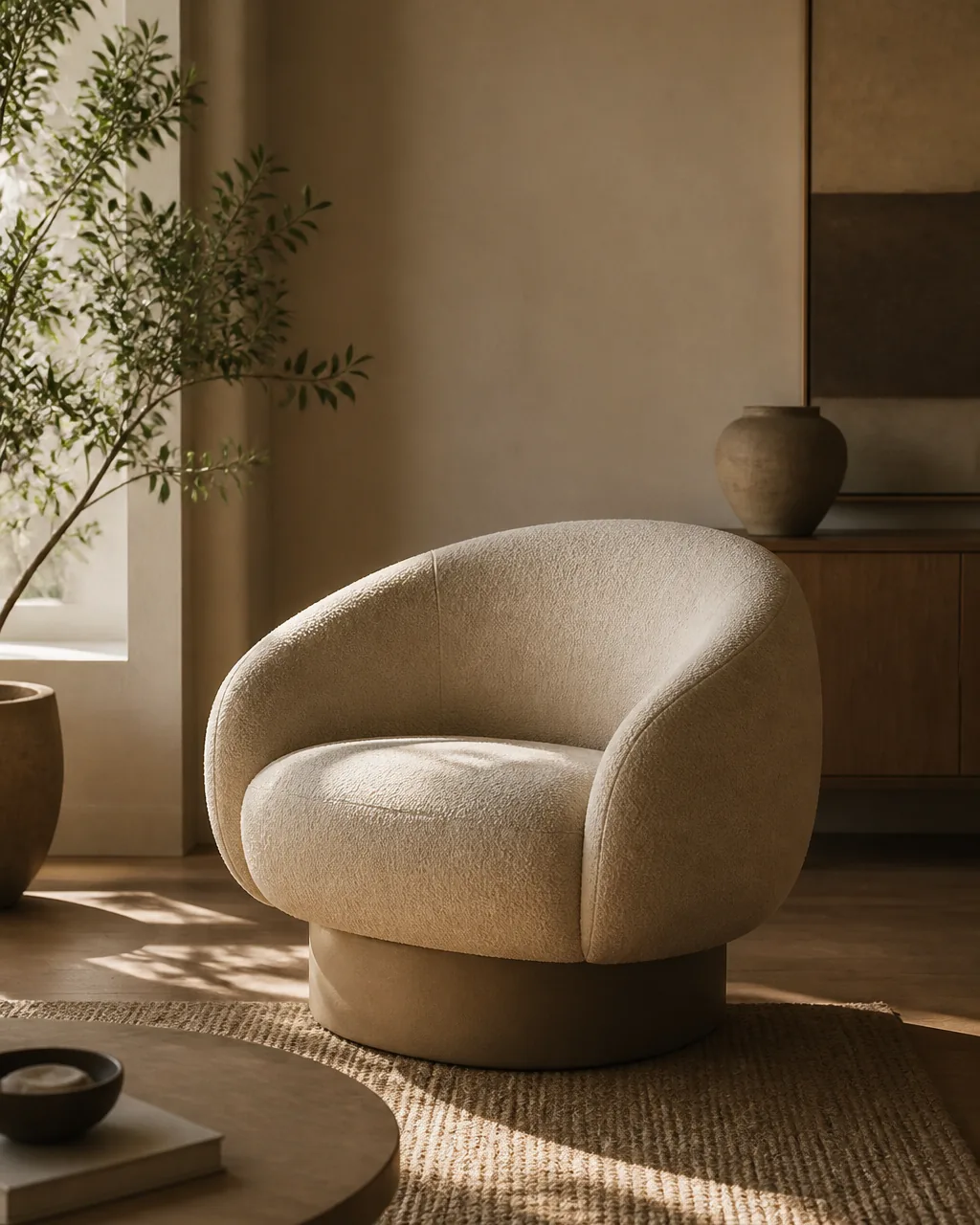 A modern living room with one clear sculptural focal chair, a generic curved statement chair drawing the eye while everything else stays quiet and restrained, a single visual main character holding the room's hierarchy