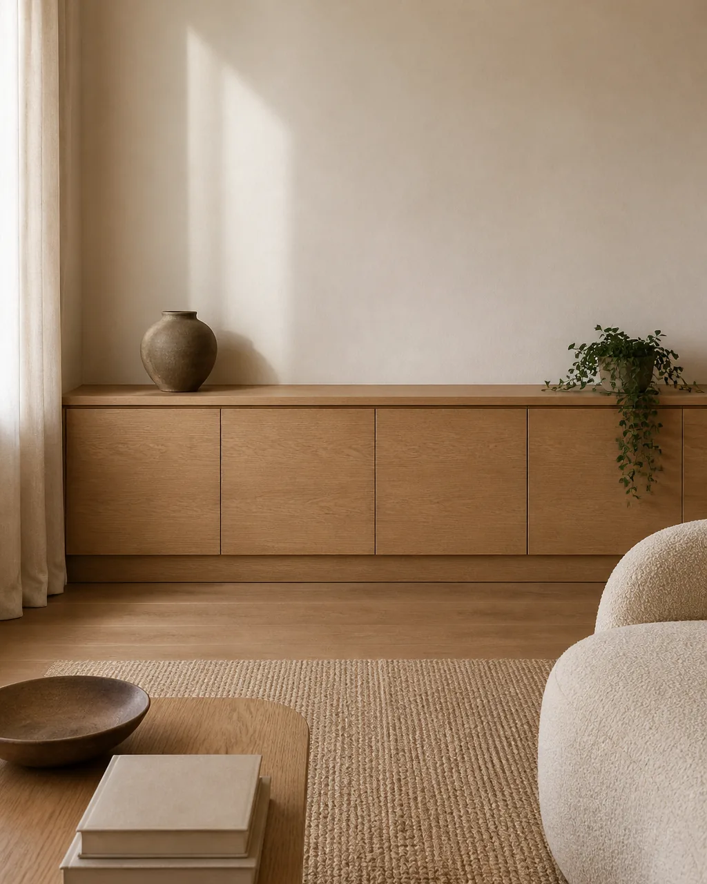A low handleless push-open media console in matte oak built almost flush to a warm-white wall, no visible handles, the top nearly bare with just one matte ceramic object, clutter hidden behind the smooth doors so the clean horizontal line reads as architecture