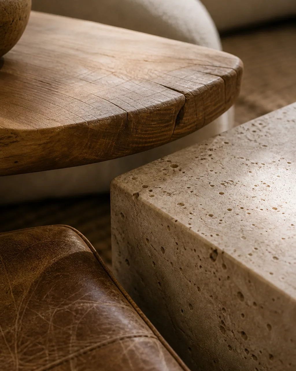 A close modern living room detail of honest natural materials, a solid wood table edge showing real grain, a genuine matte travertine stone surface, and real distressed leather, tactile and authentic with no fake veneer or printed stone look