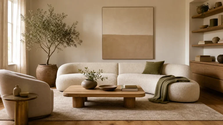 A warm modern living room seen wide, a soft curved low sculptural sofa in oatmeal boucle anchoring the room, a warm neutral base lifted by one muted olive-green accent, burnished brass and visible-grain wood and matte stone, one large warm-toned abstract canvas, a tonal rug and a sculptural arc lamp, clean and curated but warm not cold