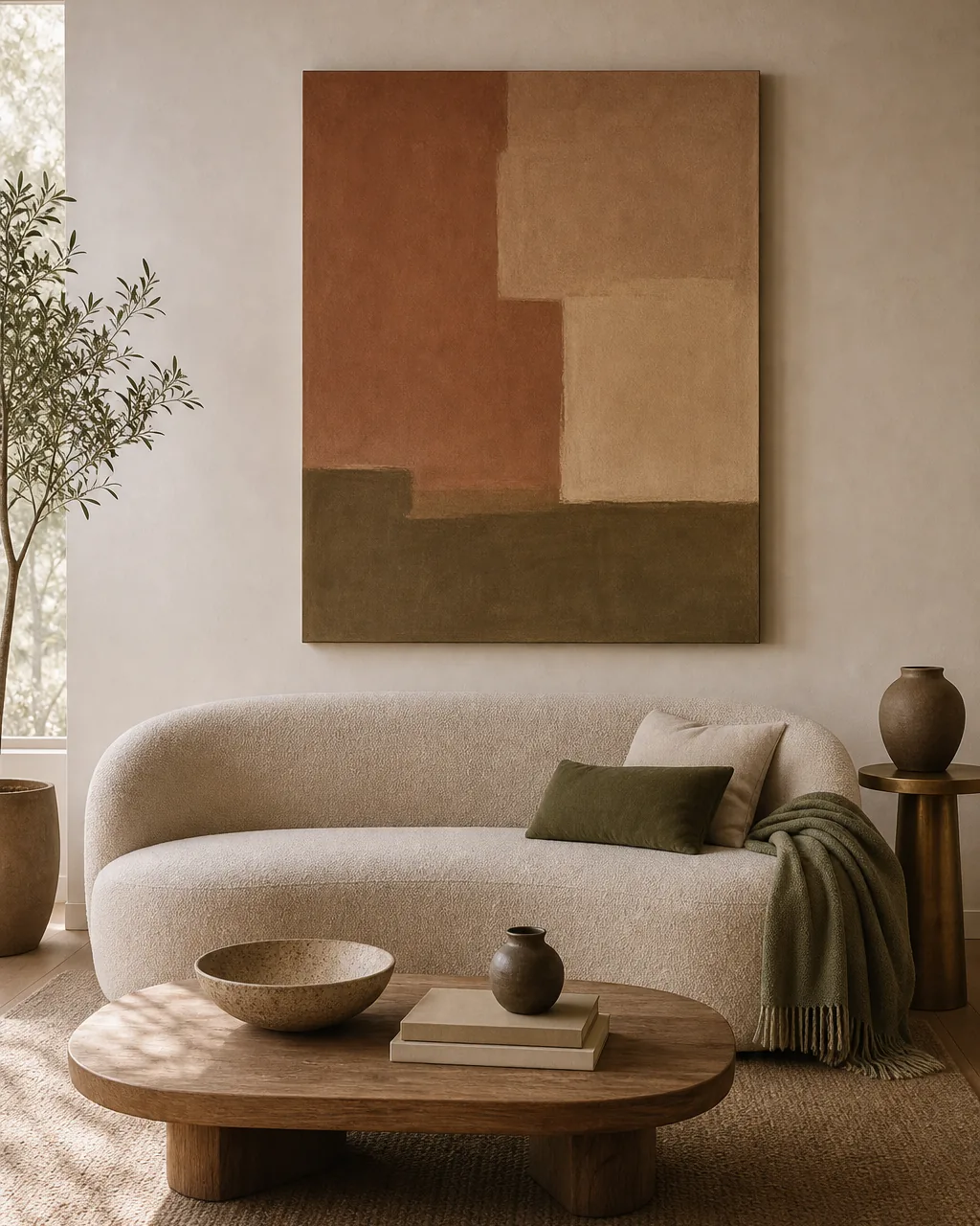 One large warm-toned blank abstract canvas in muted earth tones owning the main wall above a low modern sofa, generous negative space around it, the single oversized piece warm and calm rather than cold