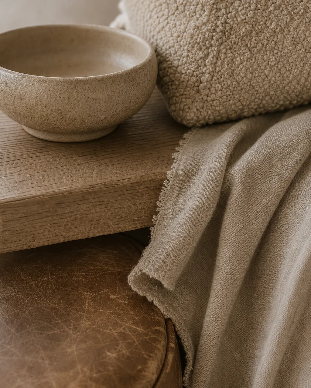 A tight modern living room vignette layering matte textures within one quiet warm color, a boucle cushion, a matte ceramic bowl, oiled matte wood, a linen throw, and distressed leather all in oat and greige, depth coming from feel and matte finish rather than pattern