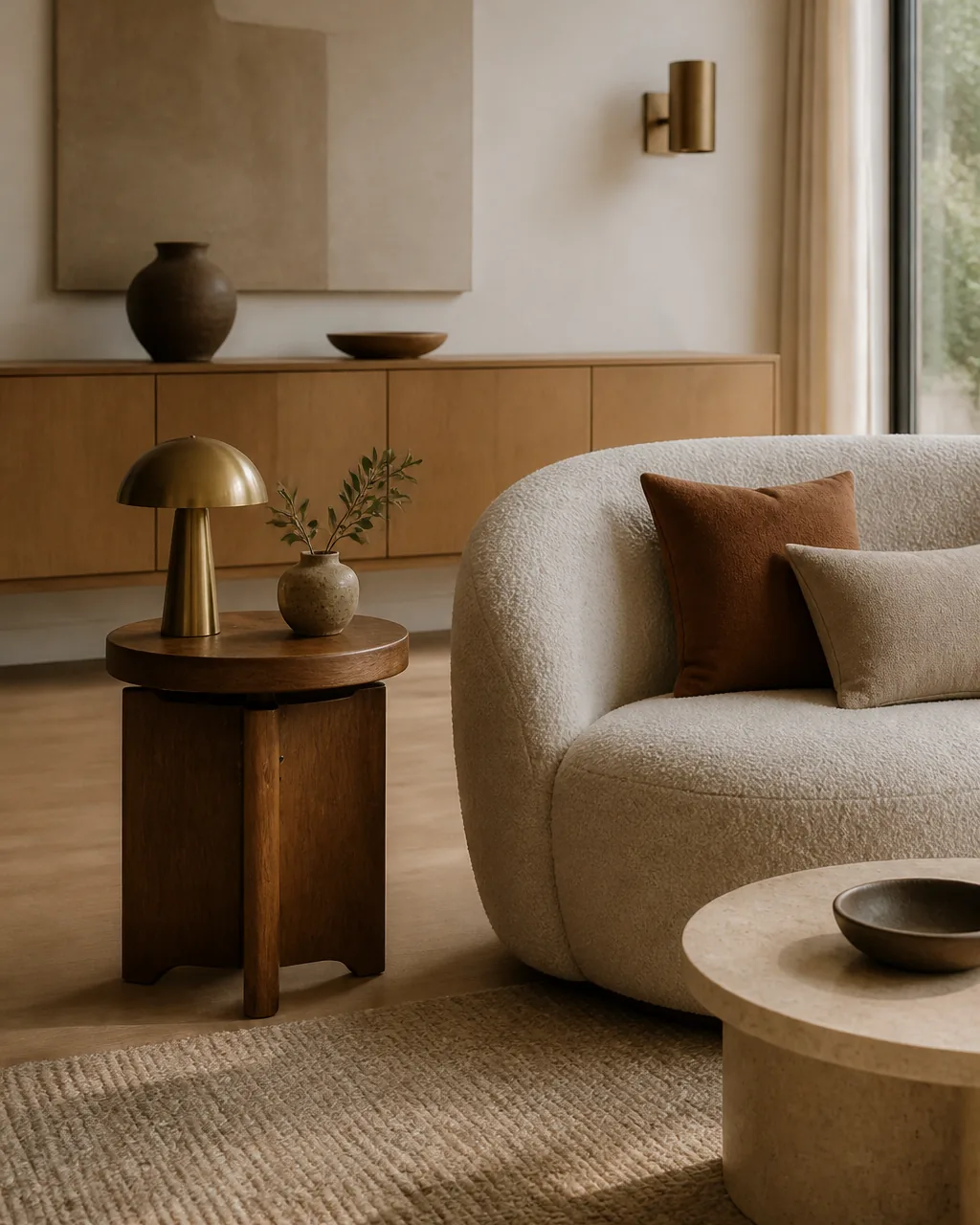 A modern living room that mixes rather than matches, a vintage wood piece set beside a contemporary curved sofa, wood paired with burnished metal, edited with generous breathing room so it reads collected and intentional, not a matching showroom set