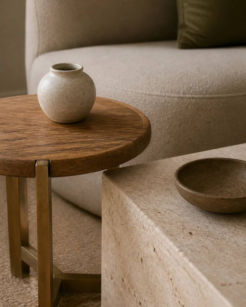 A modern living room detail mixing warm materials, a side table with burnished brass legs in a warm matte finish, a visible-grain wood top, and a matte travertine stone surface beside it, the warm metal, wood, and stone contrast reading as quiet modern tension with no cold gloss