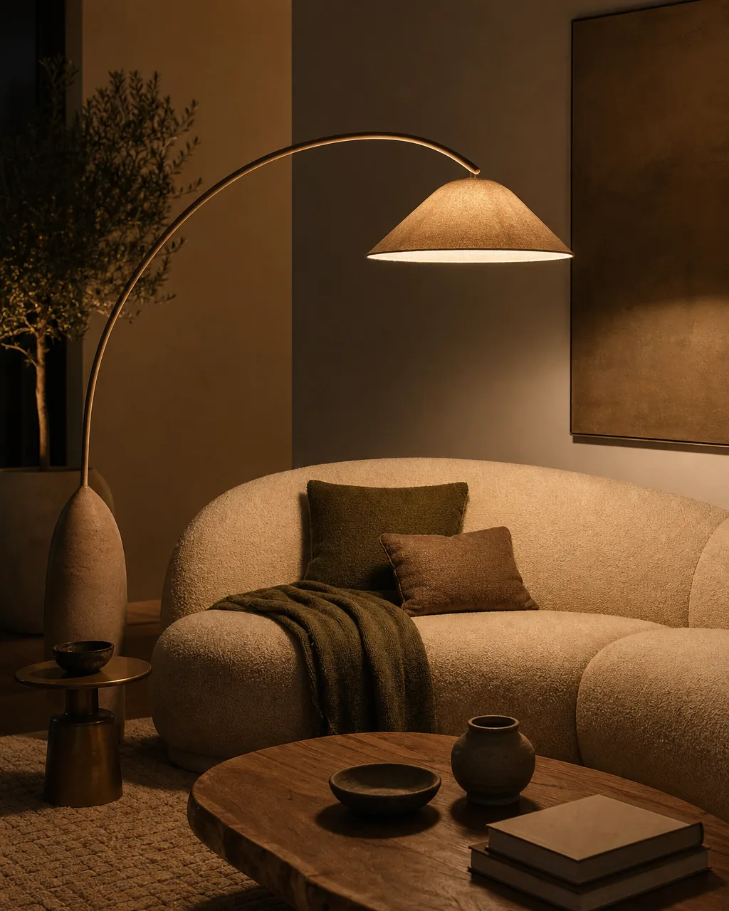 A sculptural arc floor lamp with an organic hand-shaped curve arching over a low modern sofa at dusk, the fixture itself reading as sculpture casting warm pooled light, the rest of the warm modern living room calm and dim
