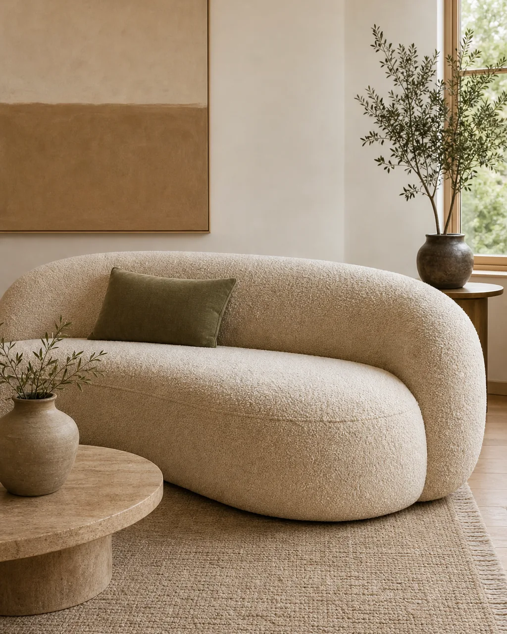 A soft sculptural curved modern sofa with rounded low-slung volumes and an upholstered monolithic base in warm oatmeal boucle, a plain non-branded silhouette against a warm-white wall in soft daylight, the single statement seating piece
