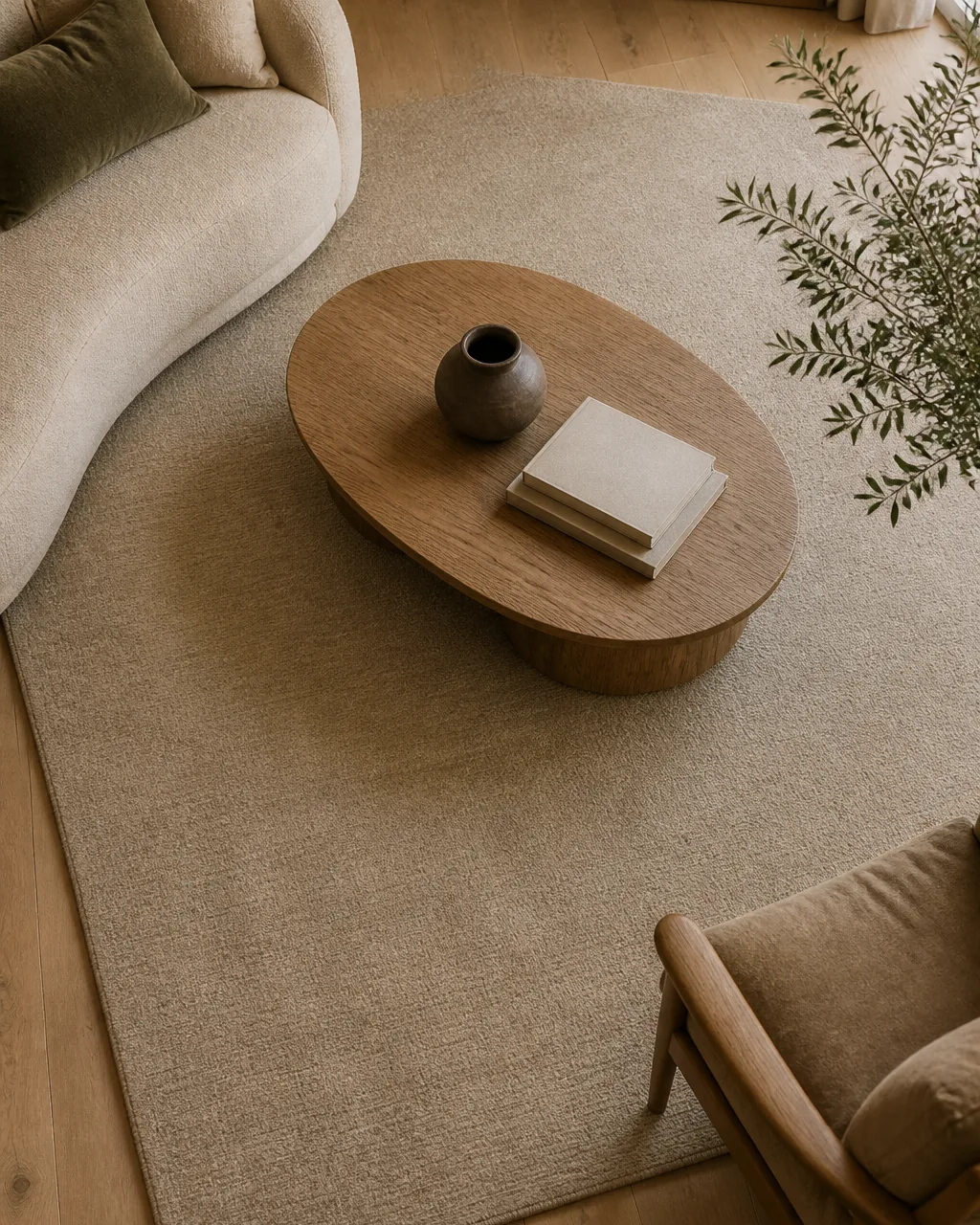 A large tonal low-pile rug in a soft warm neutral grounding a modern seating area, the rug carrying the room's warm palette like a second floor with clean simple edges and no busy pattern