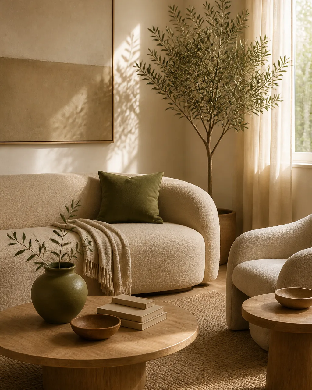 A modern living room corner in a warm neutral base of oat, mushroom, and greige with one bold muted olive-green accent in a single cushion and a ceramic vase, the lone atmospheric accent color standing out against the restrained warm palette