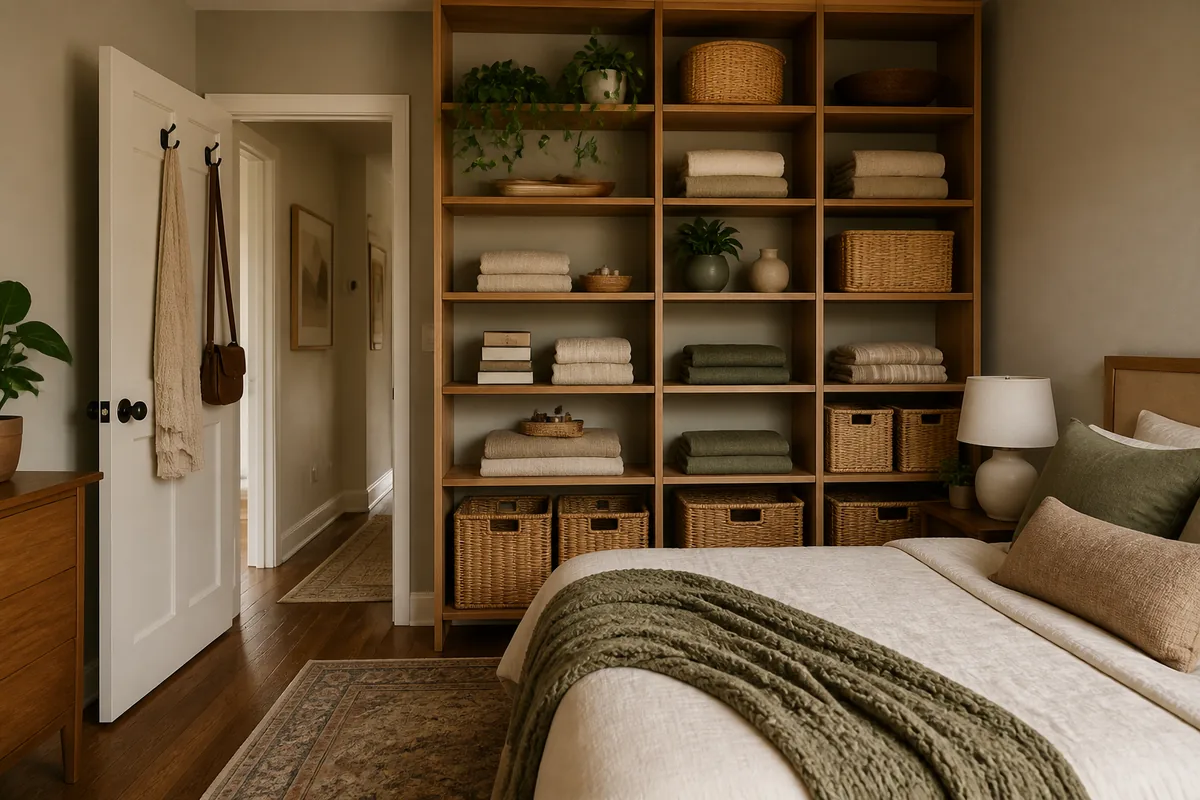 A full bedroom wall used for storage in a one-bedroom apartment, with tall open wood shelving floor to ceiling beside the bed holding baskets and linens, and hooks on the open door