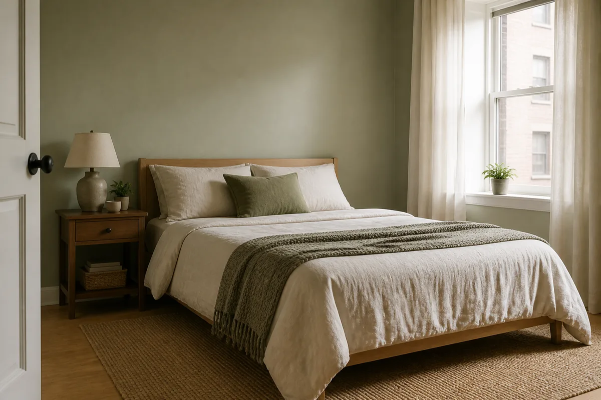 A spare, calm one-bedroom bedroom with a simple low bed in linen bedding, one small nightstand and lamp, and a lot of quiet empty wall above the headboard