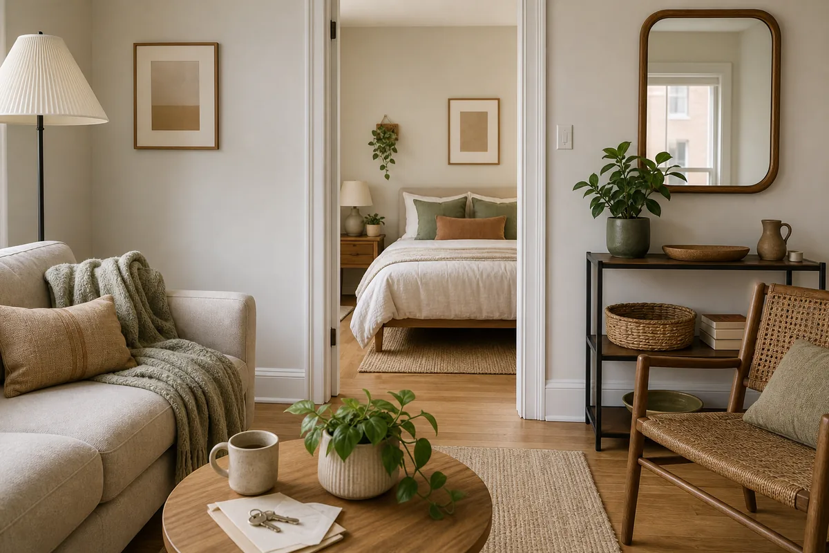 A view from a one-bedroom living room through an open doorway into the bedroom, the same oat, cream, and sage palette and warm wood carrying across both rooms