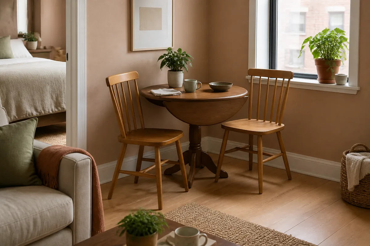 A small round drop-leaf table with two wood chairs tucked into a corner of a one-bedroom living room by a window, set as an everyday dining spot beside the sofa