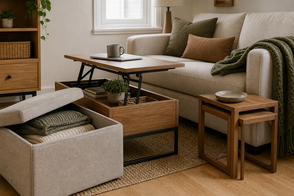 Double-duty living room furniture in a one-bedroom, a storage ottoman open to show folded blankets, a raised lift-top coffee table, and nesting tables under the sofa