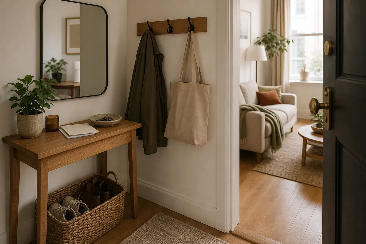 The first few feet inside a one-bedroom apartment front door, a slim console with a mirror above, a row of hooks holding a coat, and a basket of shoes, with the living room beyond