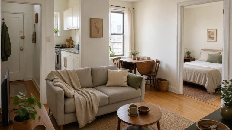 A small one-bedroom apartment living room with a compact sofa and throw, a small round coffee table, a drop-leaf dining spot by the window, and an open doorway to a calm bedroom beyond