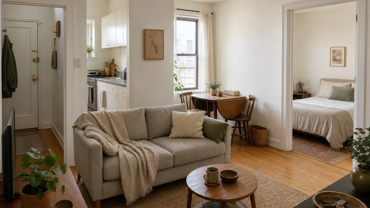 A small one-bedroom apartment living room with a compact sofa and throw, a small round coffee table, a drop-leaf dining spot by the window, and an open doorway to a calm bedroom beyond