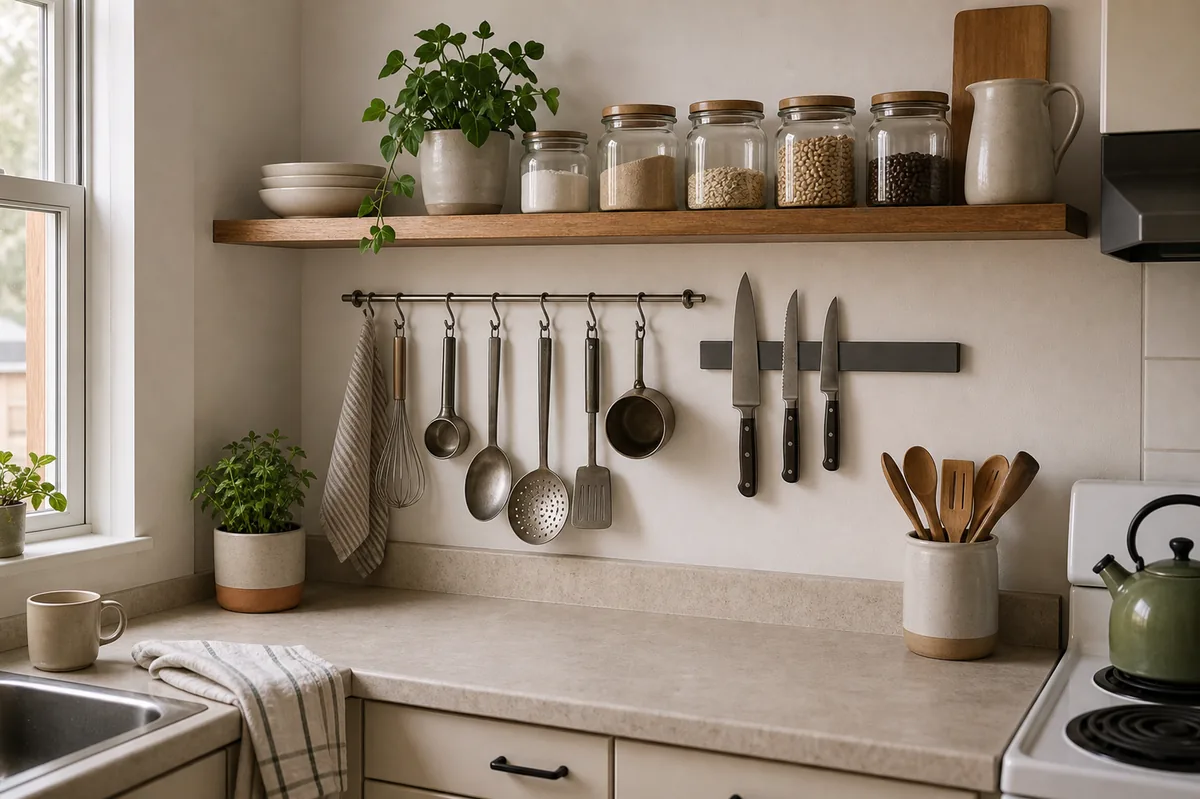 A small one-bedroom kitchen using its walls, with a hanging utensil rail, a floating shelf of blank-label jars, and a magnetic strip above a clear, clutter-free counter