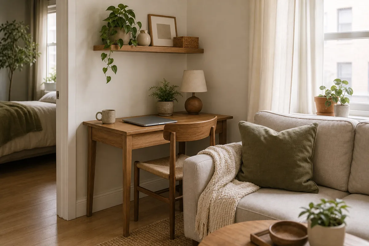 A narrow desk tucked into a corner of a one-bedroom living room behind the sofa, with a plain chair, a small lamp, a closed laptop, and a floating shelf above