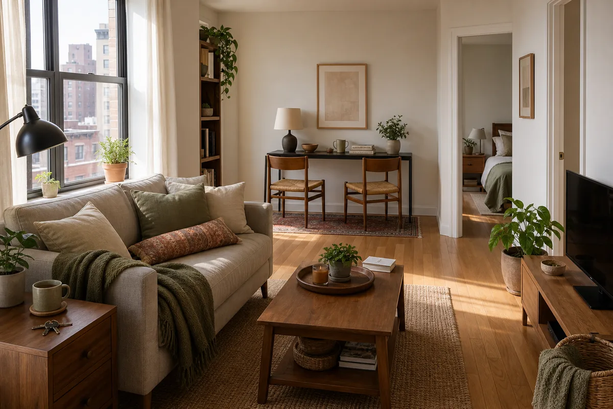 A small one-bedroom living room split into zones, with a sofa and coffee table lounge on one rug and a console with two chairs marking a separate reading edge on another