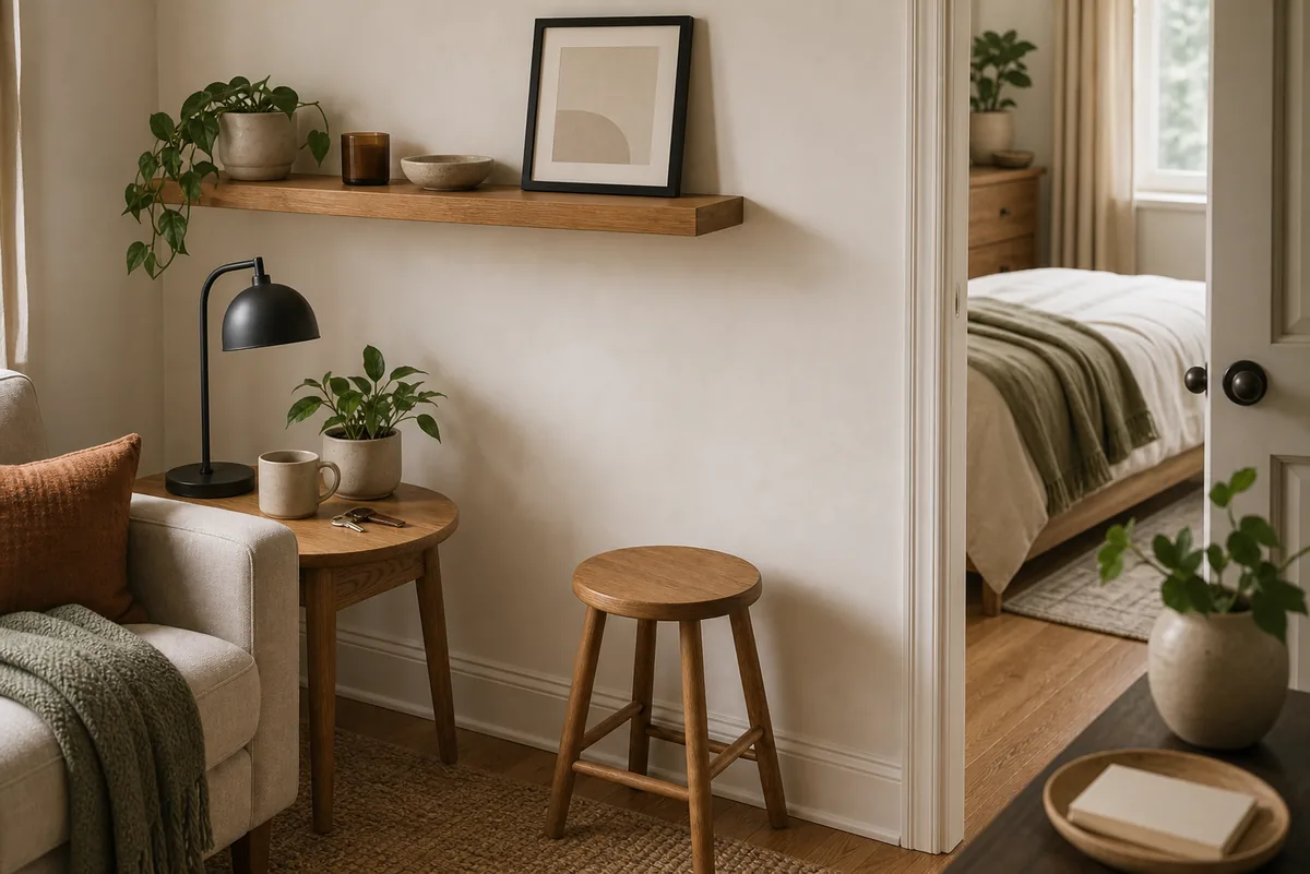 A corner of a one-bedroom where one warm oak tone repeats across a shelf, a side table, and a stool, echoed by matte black in a lamp and frame, tying the rooms together