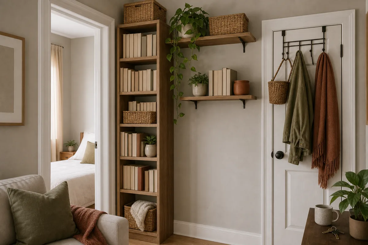 Vertical storage in a one-bedroom apartment, a tall narrow bookshelf with blank-spine books and baskets, high wall shelves above, and an over-door rack on a nearby door