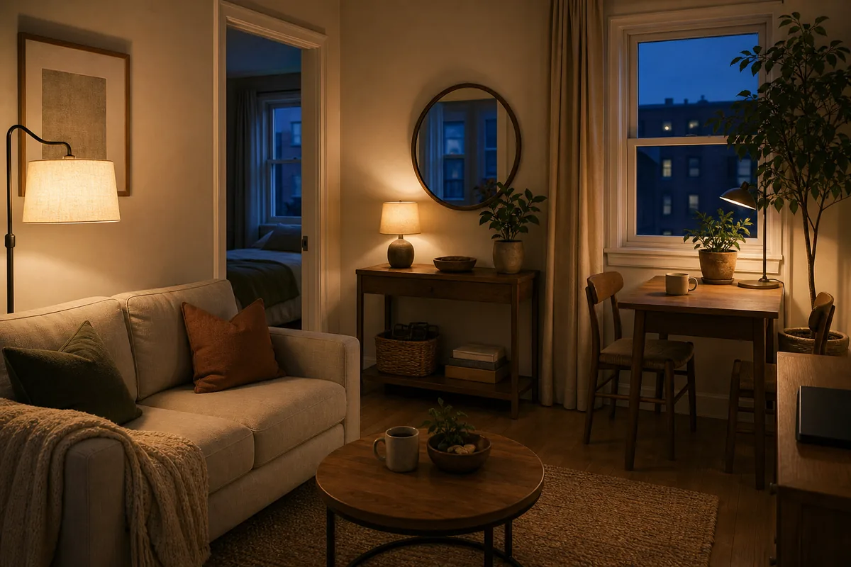 A one-bedroom living room at dusk lit in warm layers, a floor lamp by the sofa, a table lamp on a console, and a mirror bouncing the last daylight with the ceiling light off