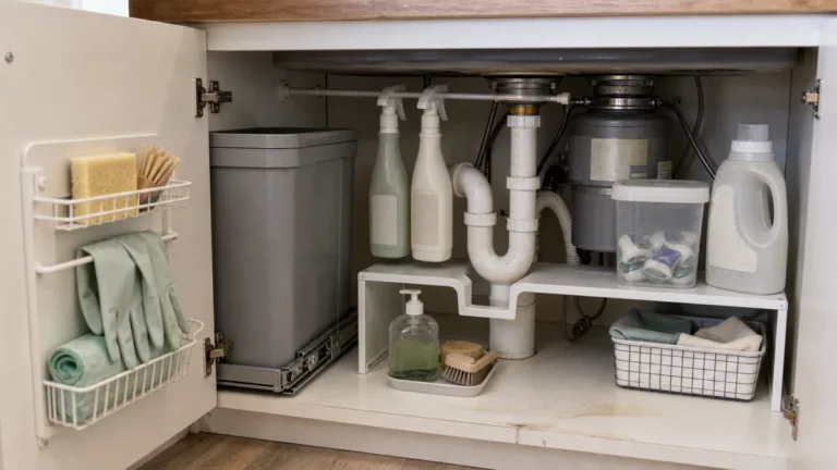 An organized cabinet under a kitchen sink with a metal riser over the drainpipe holding cleaning bottles, a door caddy with a sponge and rubber gloves, a pull-out trash and recycling bin, and the garbage disposal, soft daylight