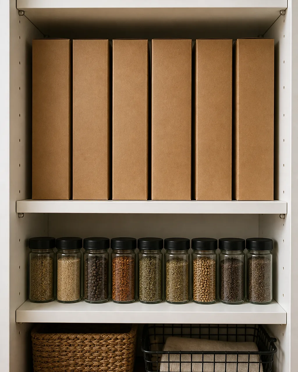 A direct front view of two adjacent pantry shelves clearly tuned to different heights the upper shelf set tight just above plain unbranded kraft brown cereal-height boxes the lower shelf set tight just above shorter plain glass spice jar height with minimal air gap
