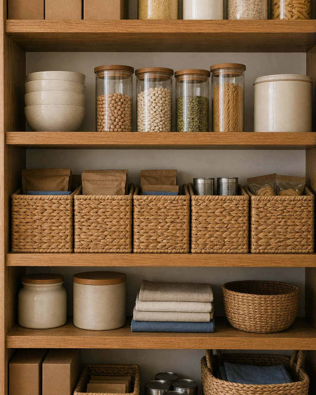 A direct front view of one pantry shelf with five sea-grass woven baskets lined up across the shelf every basket pushed forward so the front rims sit flush in one perfectly straight horizontal line at the shelf edge