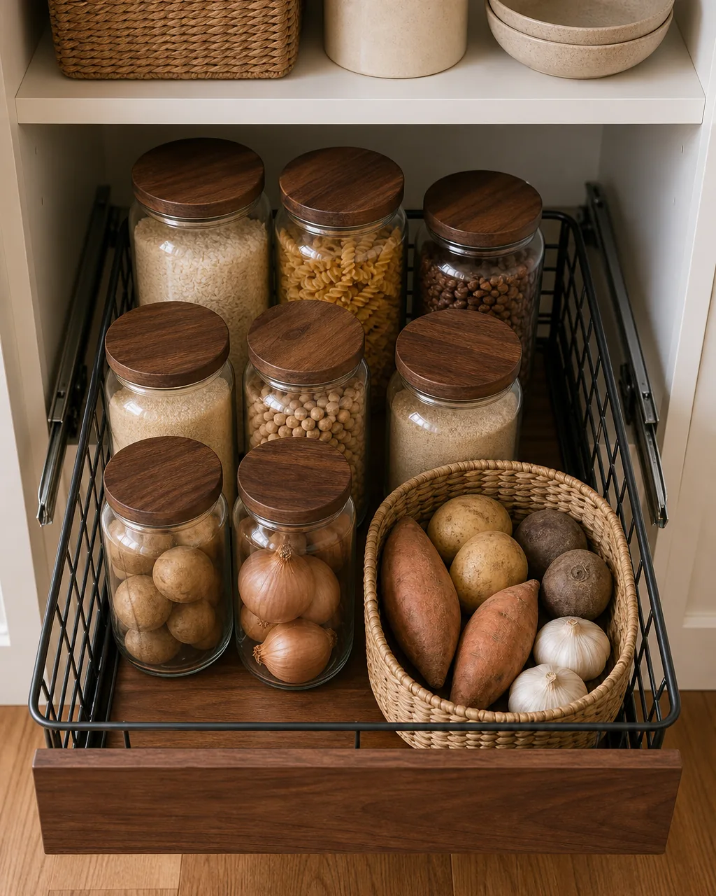 A slight overhead-front view of a bottom deep pantry shelf with a sturdy warm-wood-front pull-out basket slide tray half pulled forward out of the shelf cavity revealing plain unbranded jars and a sea-grass basket of root vegetables sitting on the slide tray