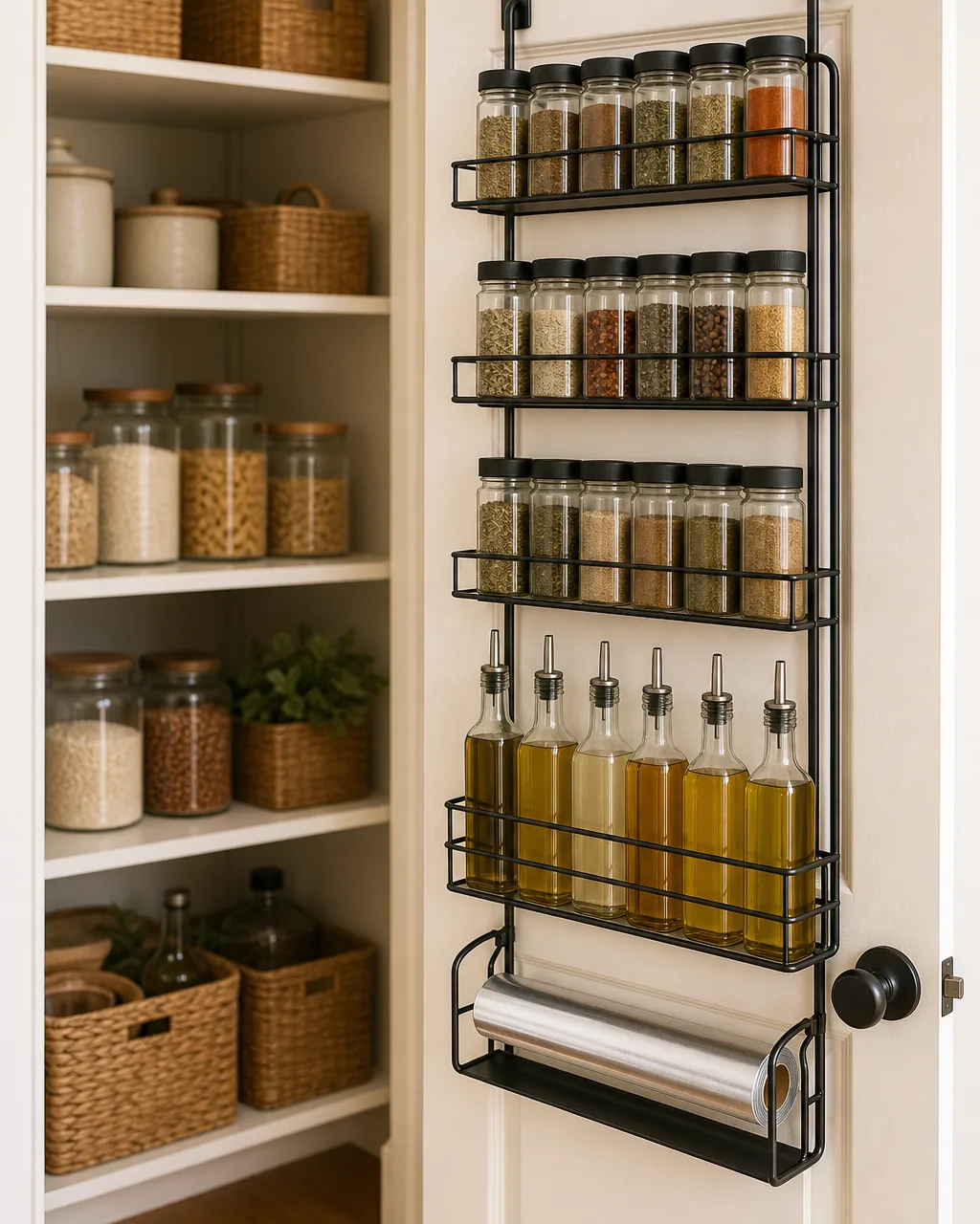 A side angle view of an open warm-white pantry door swung partially open showing the inside of the door covered with a slim over-door wire rack system the rack holding plain unbranded glass spice jars on the top rows small plain unbranded oil bottles on the mid row