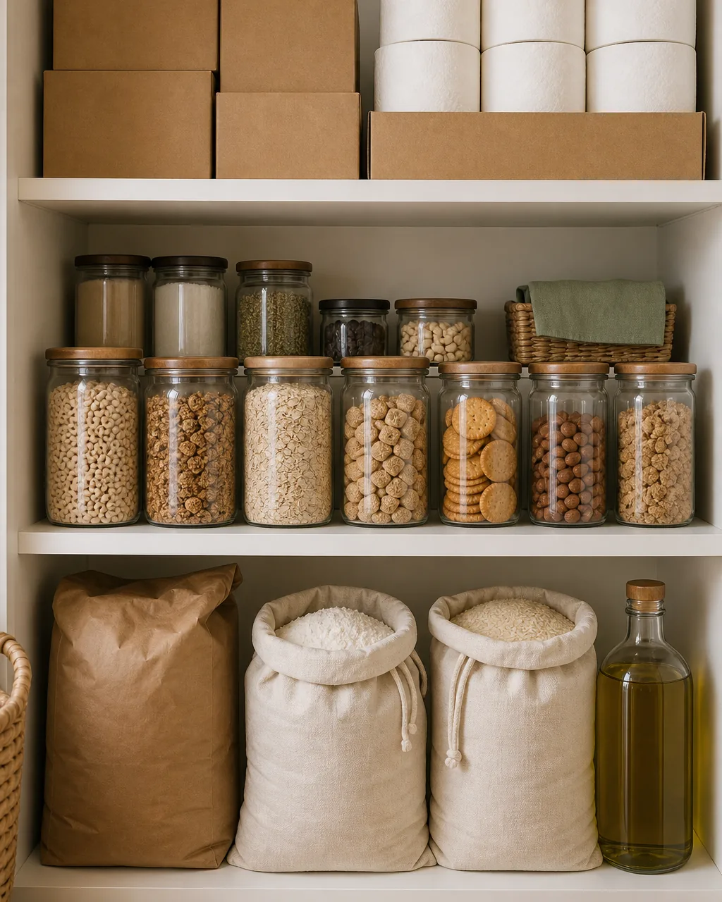 A direct front view of three stacked pantry shelves clearly showing weight grading vertically the bottom shelf holding large heavy plain unbranded sacks of flour and rice the eye-level middle shelf holding clear glass jars of everyday breakfast items the top shelf holding light plain kraft cardboard cases of paper towels