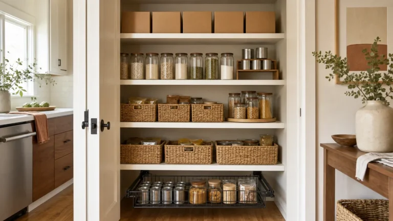 A warm calm US apartment kitchen pantry shown wide with the door fully open revealing five warm-white painted shelves stacked floor to ceiling, top shelf holding sealed kraft brown backstock cases, eye-level shelves holding clear unlabeled glass jars lined flush at the front edge with a small tiered riser lifting plain unbranded cans visible at the back, mid shelf holding sea-grass woven baskets, bottom shelf with a wire pull-out basket half slid out and a low warm-wood lazy susan turntable visible on one deep shelf, warm oak floor below, soft natural daylight from a window off frame left, no labels and no logos anywhere