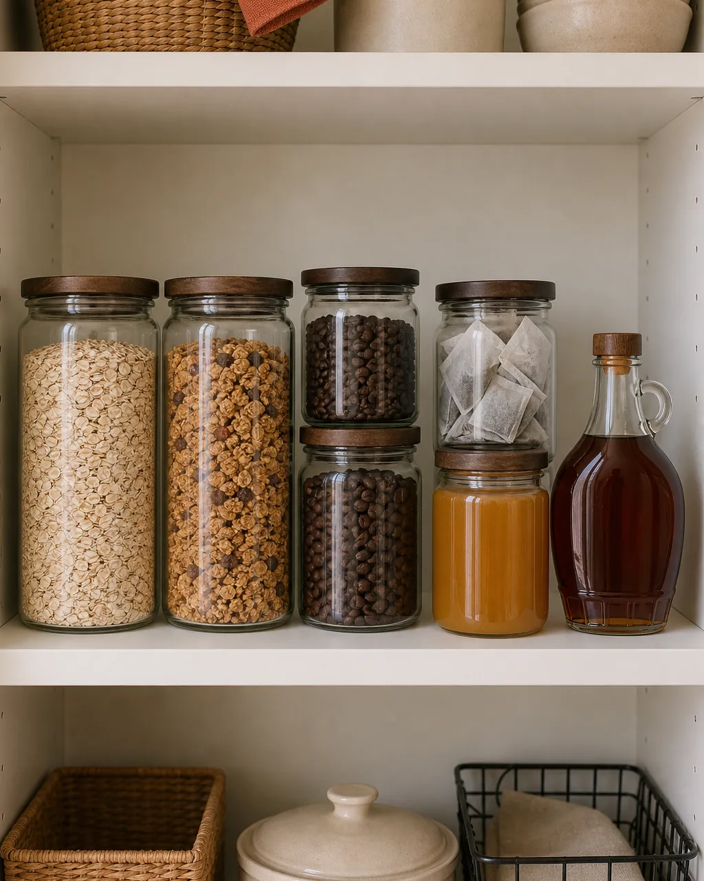 A direct front view of one warm-white pantry shelf dedicated entirely to a breakfast routine a clear glass jar of plain unbranded oats next to a clear glass jar of plain granola two sealed glass jars of plain coffee beans a sealed glass jar of tea bags