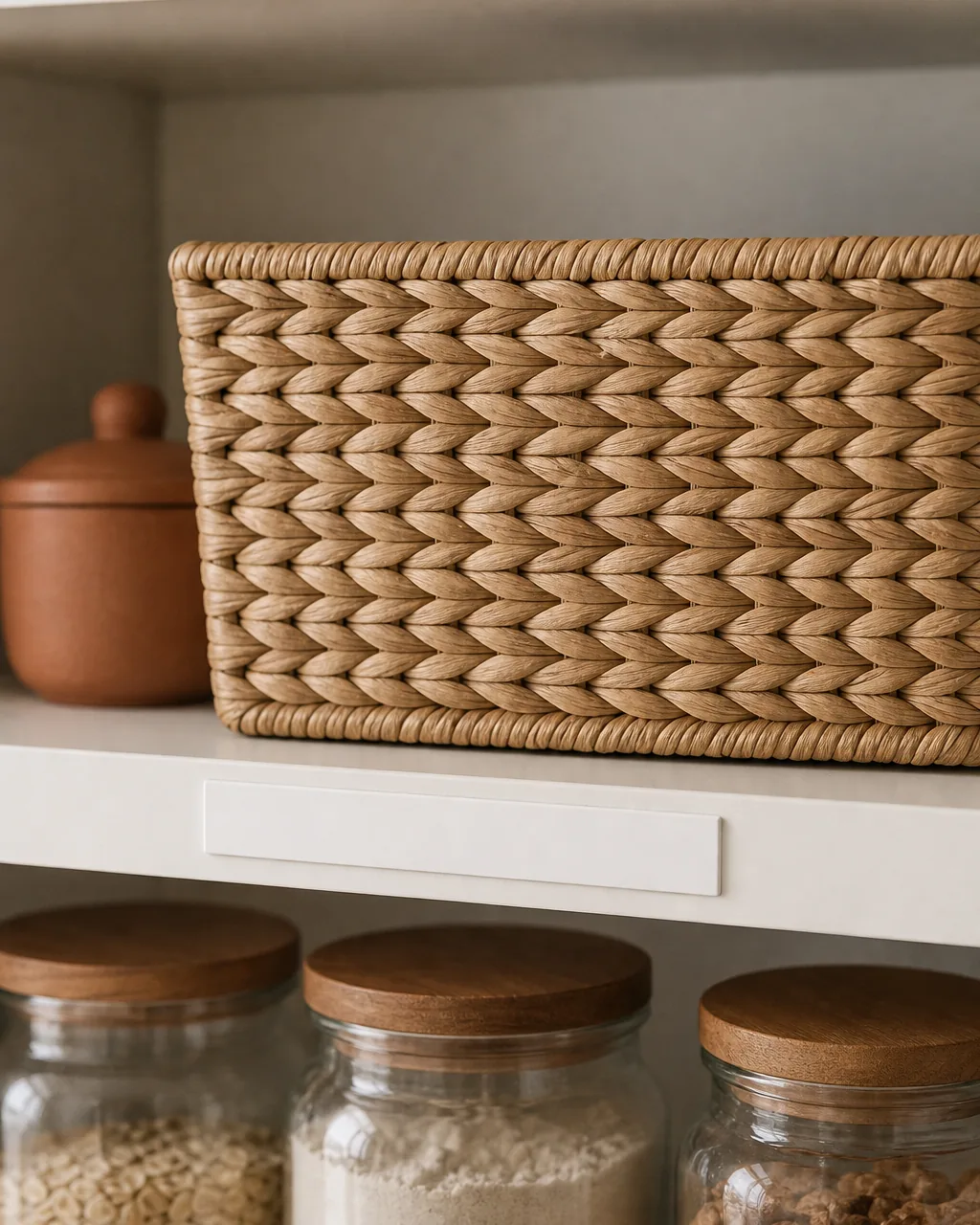 A close front view of a warm-white pantry shelf edge with a thin removable label strip running along the front face of the wood shelf itself the label strip blank a sea-grass basket sitting behind it on the shelf with no label on the basket