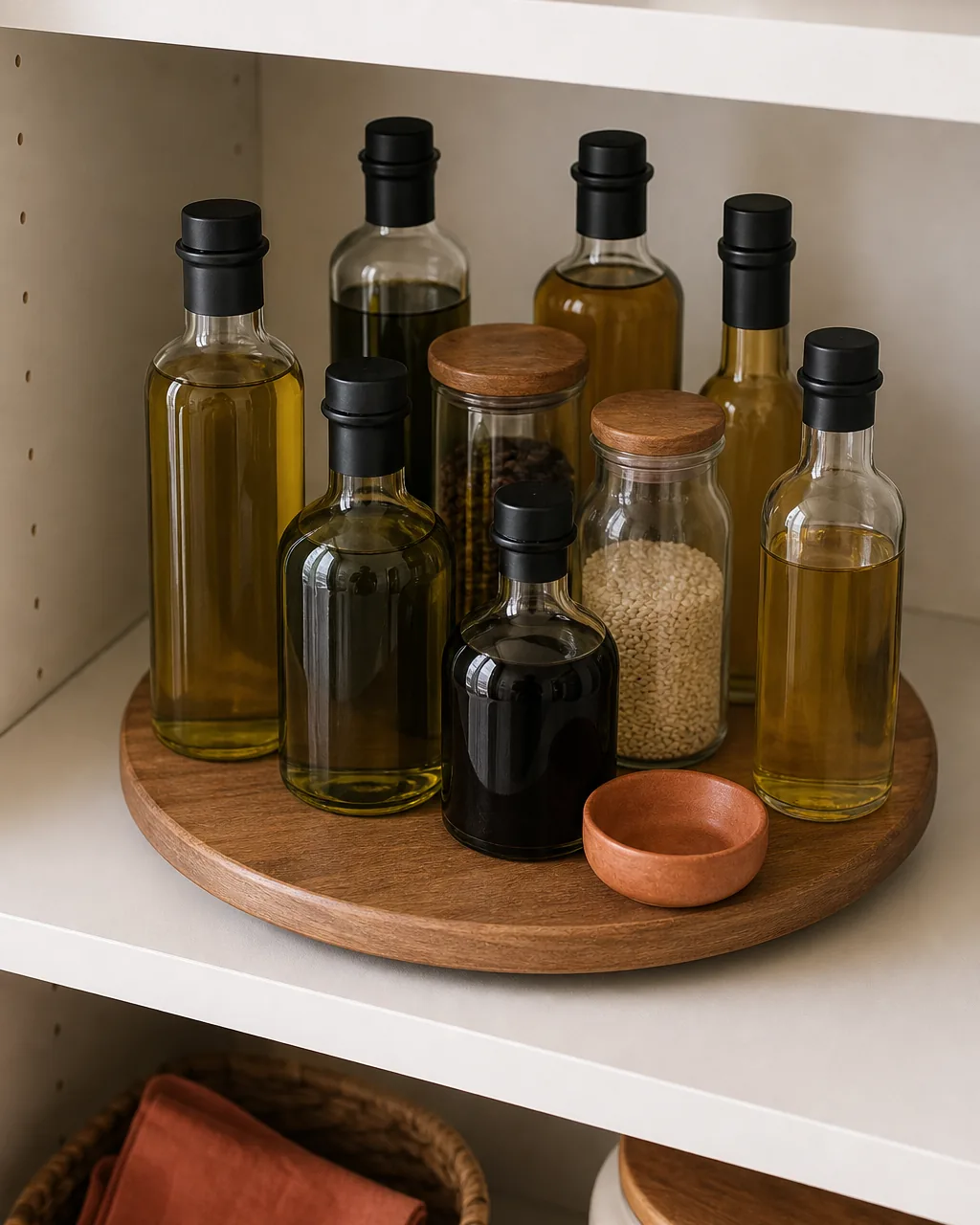 A slight overhead view of a deep warm-white pantry shelf with a low warm-wood lazy susan turntable centered on the shelf the turntable holding a cluster of plain unbranded oil and vinegar glass bottles with simple matte black caps