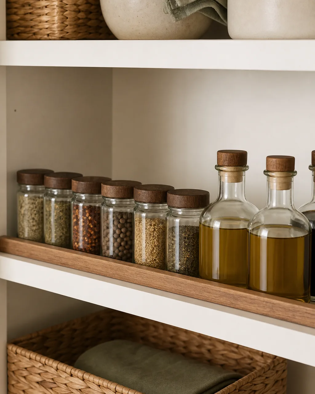 A close direct front view of a warm-white pantry shelf with a low slim warm-wood ledge lip strip running along the front edge of the shelf a row of plain unbranded small glass spice jars and round oil bottles sitting behind the lip